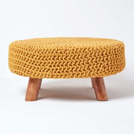 Mustard Large Round Cotton Knitted Footstool on Legs
