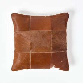 Beige Real Leather & Goat Hair Large Check Cushion with Feather Filling