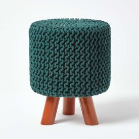 Forest Green Tall Cotton Knitted Footstool on Legs