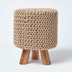 Linen Tall Cotton Knitted Footstool on Legs