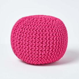Hot Pink Round Cotton Knitted Pouffe Footstool