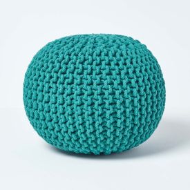 Teal Green Round Cotton Knitted Pouffe Footstool