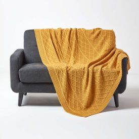 Mustard Diamond Cable Knit Cotton Throw, 130 x 170 cm