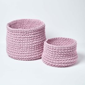 Pastel Pink Cotton Knitted Round Storage Basket