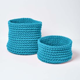 Teal Blue Cotton Knitted Round Storage Basket 