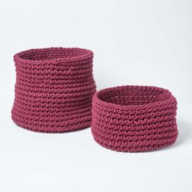 Plum Cotton Knitted Round Storage Basket