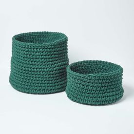 Forest Green Cotton Knitted Round Storage Basket 