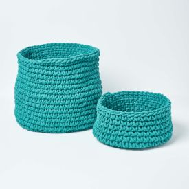 Teal Green Cotton Knitted Round Storage Basket