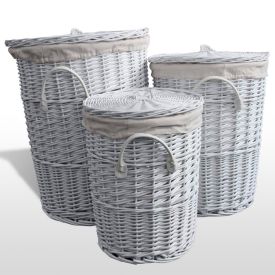 Set of 3 White Round Willow Wicker Laundry Baskets in 3 Sizes