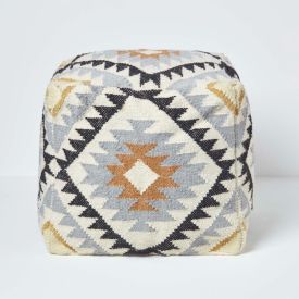 Agra Gold and Black Kilim Footstool Handwoven Beanbag Pouffe 43 x 43 cm