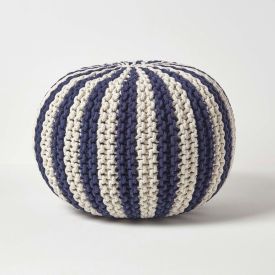 Navy and White Knitted Pouffe Striped Footstool