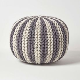 Off White and Grey Knitted Pouffe Striped Footstool