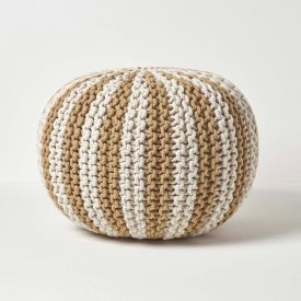 Off White and Linen Knitted Pouffe Striped Footstool