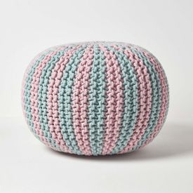 Pink and Blue Knitted Pouffe Striped Footstool
