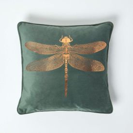 Gold Dragonfly Green Velvet Filled Cushion, 43 x 43 cm