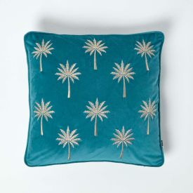 Gold Palm Tree Teal Filled Velvet Cushion, 45 x 45 cm