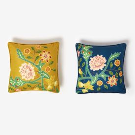 Set of 2 Teal and Yellow Vintage Floral Decorative Filled Velvet Cushions