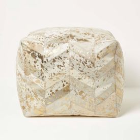 Gold & Grey Geometric Diamond Leather Pouffe Bean Cube