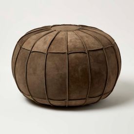 Brown Leather & Suede Round Pouffe Footstool