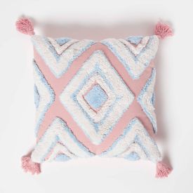 Geometric Ikat Blue & Pink Tufted Cotton Cushion with Tassels 45 x 45 cm