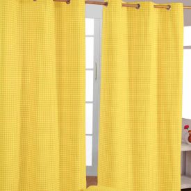 Cotton Gingham Check Yellow Ready Made Eyelet Curtains