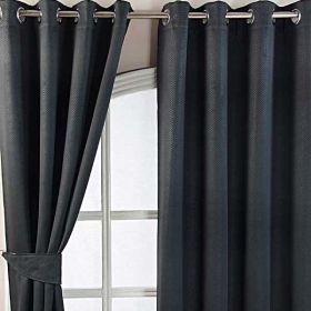 Black Herringbone Chevron Blackout Thermal Curtains Pair Eyelet Style