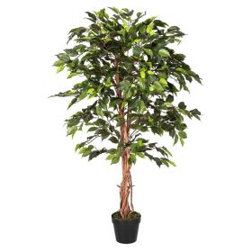 Green Ficus Tree Artificial Plant with Twisted Real Wood Stem, 4 Ft