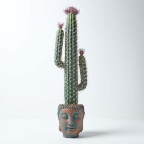 Large Saguaro Artificial Cactus with Flowers in Decorative Buddha Head Stone Pot, 78 cm Tall