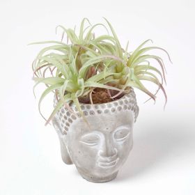 Artificial Cactus Grass Plant in Decorative Buddha Stone Pot, 21 cm Tall