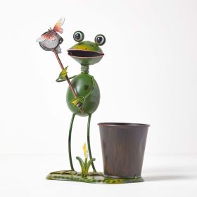 Metal Frog with Butterfly Net and Flower Pot, 31 cm Tall