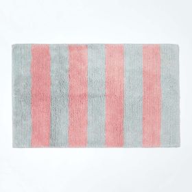 Pink and Grey Striped Cotton Bath Mat