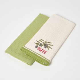 "Olive" Waffle Cotton Tea Towels, Set of 2