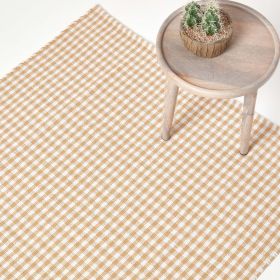 Cotton Hand Woven Gingham Check Beige Rug