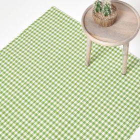 Cotton Hand Woven Gingham Check Green Rug