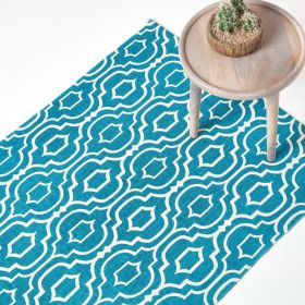 Riga Teal and White 100% Cotton Printed Patterned Rug