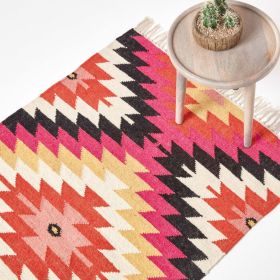 Jakarta Handwoven Pink, Orange and Yellow Multi Coloured Geometric Pattern Kilim Wool Rug