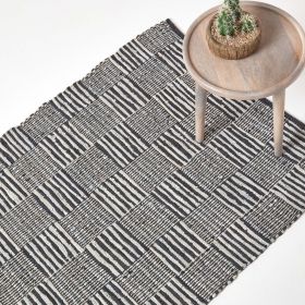 Black & White Real Leather Handwoven Striped Block Check Rug 