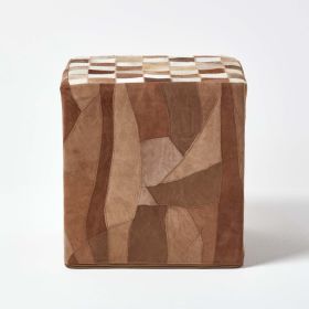 Brown Patchwork Check Cube Pouffe Leather and Suede 36 x 36 x 38 cm