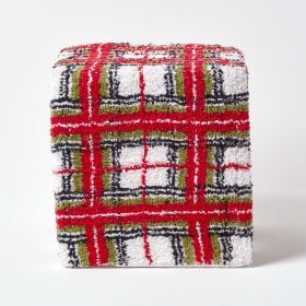Red and White Tartan Pattern Tufted Cotton Cube Pouffe 36 x 36 x 38 cm 