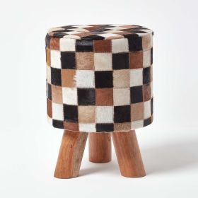 Cream, Brown and Tan Hide Check Stool with Wooden Legs