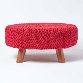 Red Round Cotton Knitted Footstool on Legs