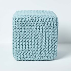 Duck Egg Blue Knitted Cotton Cube Footstool 35 x 35 x 35 cm