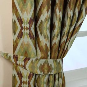 Green and Gold Jacquard Geometric Curtain Tie Back Pair