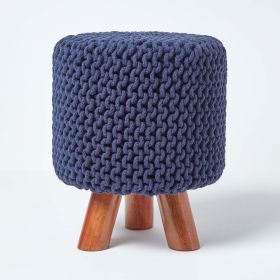 Navy Blue Round Cotton Knitted Pouffe Footstool