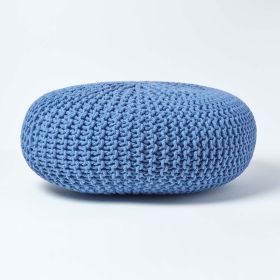 Blue Large Round Cotton Knitted Pouffe Footstool