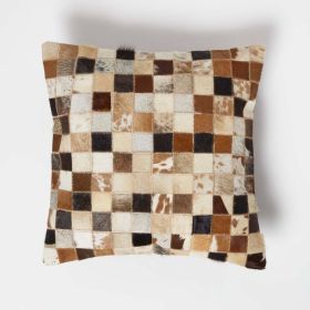 Small Block Check Brown & Cream Leather Cushion 45 x 45 cm